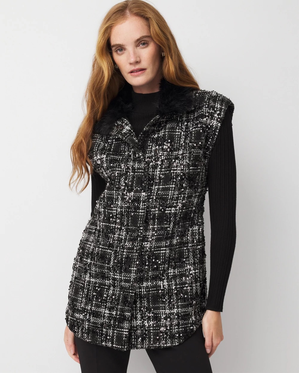 Faux Fur Sequin Tweed Vest | White House Black Market